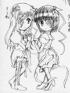 Rating: Safe Score: 0 Tags: 2girls barasuishou boots dress eyepatch flower frills greyscale hair_ornament high_heels image kirakishou long_hair looking_at_viewer monochrome multiple_girls pair smile thigh_boots traditional_media User: admin