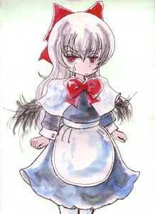Rating: Safe Score: 3 Tags: 1girl apron blue_dress bow dress eyebrows_visible_through_hair hair_bow image long_hair long_sleeves looking_at_viewer red_bow red_eyes solo suigintou traditional_media User: admin