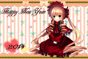 Rating: Safe Score: 0 Tags: 1girl blonde_hair blue_eyes blush bonnet bow bowtie dress drill_hair flower image long_hair long_sleeves looking_at_viewer red_dress rose shinku sitting solo striped_background twintails very_long_hair User: admin