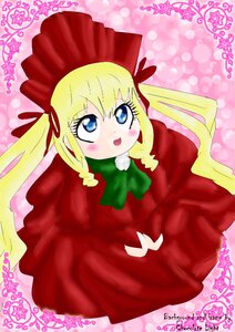 Rating: Safe Score: 0 Tags: 1girl blonde_hair blue_eyes blush bowtie dress green_bow green_neckwear hair_ribbon image long_hair long_sleeves looking_at_viewer open_mouth red_dress shinku solo twintails User: admin
