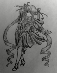 Rating: Safe Score: 0 Tags: 1girl dress drill_hair full_body greyscale hair_ribbon image long_hair long_sleeves monochrome ribbon shinku simple_background solo standing twintails very_long_hair User: admin