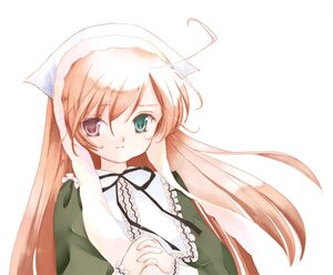 Rating: Safe Score: 0 Tags: 1girl black_ribbon dress green_dress green_eyes head_scarf image long_hair long_sleeves looking_at_viewer simple_background smile solo striped suiseiseki upper_body vertical_stripes very_long_hair white_background User: admin