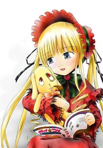 Rating: Safe Score: 0 Tags: 1girl blonde_hair blue_eyes blush bonnet bow dress flower holding image long_hair long_sleeves rose shinku sitting solo twintails very_long_hair User: admin