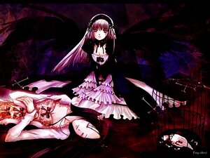 Rating: Safe Score: 0 Tags: 2girls black_wings blood closed_eyes dress flower frills hairband image kakizaki_megu long_hair long_sleeves multiple_girls solo suigintou wings User: admin