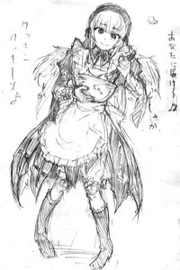 Rating: Safe Score: 0 Tags: 1girl apron blush cooking feathered_wings greyscale image long_hair long_sleeves looking_at_viewer monochrome osakana_(denpa_yun'yun) rozen_maiden sketch smile solo standing suigintou translation_request wings User: admin