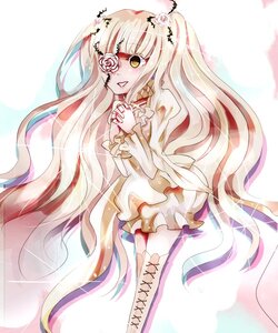 Rating: Safe Score: 0 Tags: 1girl blonde_hair boots cross-laced_footwear doll_joints dress eyepatch flower hair_flower hair_ornament hands_clasped image joints kirakishou long_hair own_hands_together pink_hair rose solo striped thigh_boots very_long_hair white_dress yellow_eyes User: admin