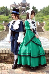 Rating: Safe Score: 0 Tags: blue_dress brown_hair building closed_eyes day dress green_dress hat long_sleeves multiple_cosplay outdoors pavement standing tagme white_legwear User: admin