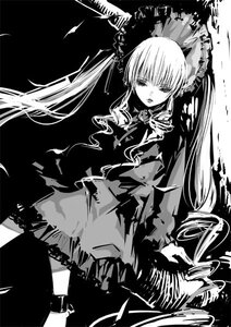 Rating: Safe Score: 0 Tags: 1girl bow dress frills greyscale image long_hair long_sleeves monochrome shinku solo standing twintails very_long_hair User: admin