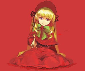Rating: Safe Score: 0 Tags: 1girl blonde_hair blue_eyes bonnet bow bowtie capelet dress flower full_body green_bow image long_hair long_sleeves looking_at_viewer red_background red_dress rose shinku simple_background sitting solo twintails User: admin