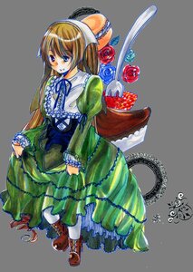 Rating: Safe Score: 0 Tags: 1girl brown_hair dress flower frills green_dress image long_hair long_sleeves pantyhose red_rose rose solo suiseiseki User: admin