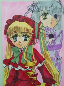 Rating: Safe Score: 0 Tags: 2girls barasuishou blonde_hair blue_eyes bonnet bow dress drill_hair frills image long_hair long_sleeves looking_at_viewer multiple_girls pair red_dress shinku simple_background traditional_media twintails User: admin