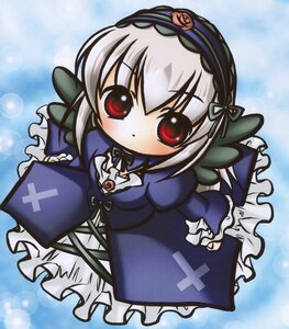 Rating: Safe Score: 0 Tags: 1girl bangs blue_background blush chibi dress flower frills full_body hairband image juliet_sleeves lolita_fashion lolita_hairband long_sleeves looking_at_viewer red_eyes ribbon rose silver_hair solo suigintou User: admin