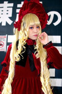 Rating: Safe Score: 0 Tags: 1girl bangs blonde_hair blue_eyes blurry blurry_background bonnet depth_of_field dress flower lips long_hair long_sleeves looking_at_viewer red_dress rose shinku solo very_long_hair User: admin