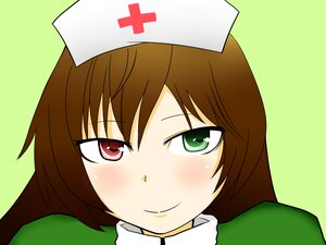 Rating: Safe Score: 0 Tags: 1girl blush brown_hair closed_mouth eyebrows_visible_through_hair face green_background green_eyes hat image long_hair looking_at_viewer nurse_cap portrait red_eyes simple_background smile solo suiseiseki User: admin