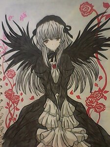 Rating: Safe Score: 0 Tags: 1girl black_dress dress flower image long_hair long_sleeves looking_at_viewer petals pink_rose red_flower red_rose ribbon rose rose_petals silver_hair solo suigintou traditional_media wings User: admin