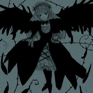 Rating: Safe Score: 0 Tags: 1girl black_wings dress feathered_wings feathers greyscale hairband image long_sleeves looking_at_viewer monochrome smile solo standing suigintou wings User: admin