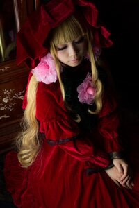 Rating: Safe Score: 0 Tags: 1girl blonde_hair bonnet closed_eyes dress flower long_hair long_sleeves red_dress rose shinku solo very_long_hair User: admin