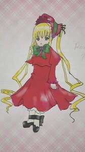 Rating: Safe Score: 0 Tags: 1girl black_footwear blonde_hair blue_eyes bonnet bow bowtie dress full_body green_bow green_neckwear hat image long_hair long_sleeves looking_at_viewer red_dress shinku simple_background sitting solo standing twintails very_long_hair User: admin