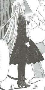 Rating: Safe Score: 0 Tags: 1boy 1girl barasuishou barefoot dress greyscale hair_ribbon image long_hair long_sleeves monochrome pants ribbon solo very_long_hair User: admin