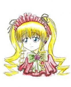 Rating: Safe Score: 0 Tags: 1girl blonde_hair blue_eyes bow bowtie drill_hair flower image long_hair looking_at_viewer rose shinku simple_background smile solo traditional_media twin_drills twintails white_background User: admin