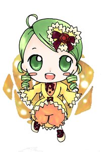 Rating: Safe Score: 0 Tags: 1girl ahoge chibi dress drill_hair full_body green_eyes green_hair image kanaria long_sleeves open_mouth smile solo twin_drills User: admin