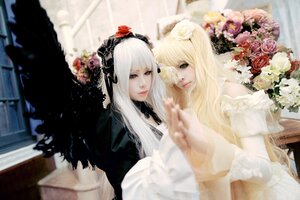 Rating: Safe Score: 0 Tags: 2girls black_dress blonde_hair blurry blurry_foreground depth_of_field dress flower frills gothic_lolita lips lolita_fashion long_hair multiple_cosplay multiple_girls rose tagme white_hair wings User: admin