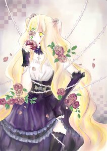 Rating: Safe Score: 0 Tags: 1girl blonde_hair eyepatch flower green_eyes hair_flower hair_ornament image kirakishou long_hair pink_flower pink_rose rose skirt solo thighhighs thorns very_long_hair vines User: admin