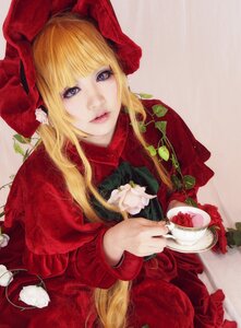 Rating: Safe Score: 0 Tags: 1girl bangs blonde_hair blue_eyes cake cup eyelashes flower food lips long_hair looking_at_viewer plate realistic rose saucer shinku sitting solo strawberry teacup upper_body User: admin