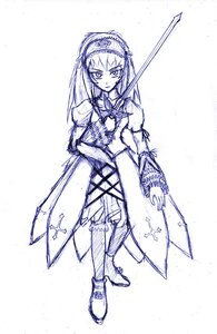 Rating: Safe Score: 0 Tags: 1girl blue_theme boots dress full_body hairband holding image long_hair long_sleeves looking_at_viewer monochrome simple_background sketch solo standing suigintou sword weapon white_background User: admin