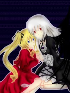 Rating: Safe Score: 0 Tags: 2girls blonde_hair blue_eyes dress hair_ribbon holding_hands image joints long_hair long_sleeves multiple_girls pair red_eyes ribbon shinku silver_hair suigintou twintails wings User: admin