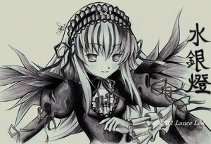 Rating: Safe Score: 0 Tags: 1girl detached_collar dress frills greyscale hairband image long_hair long_sleeves looking_at_viewer monochrome ribbon simple_background solo suigintou traditional_media upper_body very_long_hair wings User: admin