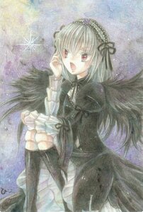 Rating: Safe Score: 0 Tags: 1girl :d black_dress black_ribbon black_wings dress flower frills hairband image long_hair long_sleeves looking_at_viewer open_mouth puffy_sleeves red_eyes ribbon rose silver_hair sitting smile solo suigintou traditional_media very_long_hair wings User: admin