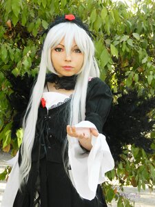 Rating: Safe Score: 0 Tags: 1girl black_dress dress flower gothic_lolita lips long_hair long_sleeves realistic solo suigintou tree white_hair User: admin