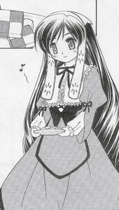 Rating: Safe Score: 0 Tags: 1girl blush dress eighth_note frills greyscale image long_hair looking_at_viewer monochrome musical_note smile solo spoken_musical_note suiseiseki traditional_media very_long_hair User: admin