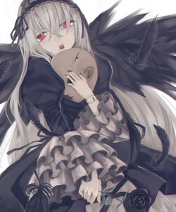Rating: Safe Score: 0 Tags: 1girl black_dress black_wings dress feathered_wings feathers flower frilled_sleeves frills hairband holding image juliet_sleeves long_hair long_sleeves looking_at_viewer open_mouth pink_eyes red_eyes ribbon rose silver_hair solo suigintou very_long_hair wings User: admin