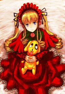 Rating: Safe Score: 0 Tags: 1girl blonde_hair blue_eyes bonnet bow dress drill_hair flower frills green_bow image long_hair long_sleeves looking_at_viewer red_dress rose shinku sitting solo twin_drills twintails User: admin