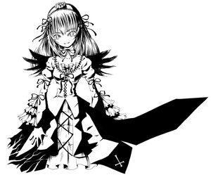 Rating: Safe Score: 0 Tags: 1girl cross-laced_clothes detached_collar dress flower frills greyscale hairband image lolita_hairband long_hair long_sleeves looking_at_viewer monochrome ribbon rose simple_background smile solo suigintou white_background wings User: admin