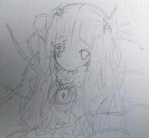 Rating: Safe Score: 0 Tags: 1girl brooch flower frills hair_flower hair_ornament image kirakishou long_hair long_sleeves looking_at_viewer monochrome rose simple_background solo traditional_media upper_body User: admin