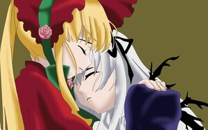 Rating: Safe Score: 0 Tags: 2girls blonde_hair bonnet closed_eyes flower hairband hat image long_hair multiple_girls pair rose shinku silver_hair simple_background suigintou User: admin