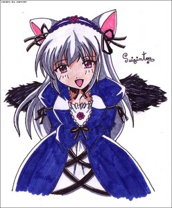Rating: Safe Score: 3 Tags: 1girl animal_ears artist_name black_wings cat_ears dated dress fake_animal_ears hairband image long_hair long_sleeves looking_at_viewer open_mouth pink_eyes ribbon silver_hair simple_background smile solo suigintou traditional_media white_background wings User: admin