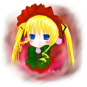 Rating: Safe Score: 0 Tags: 1girl blonde_hair blue_eyes blush bonnet bow bowtie dress image long_hair long_sleeves looking_at_viewer red_dress shinku solo twintails User: admin