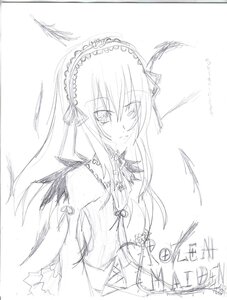 Rating: Safe Score: 0 Tags: 1girl closed_mouth dress frills greyscale hairband image long_hair long_sleeves looking_at_viewer monochrome simple_background sketch smile solo suigintou upper_body white_background wings User: admin