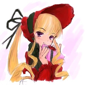 Rating: Safe Score: 0 Tags: 1girl bangs blonde_hair blush bonnet bow box dress drill_hair flower gift holding holding_gift image long_hair long_sleeves looking_at_viewer purple_eyes rose shinku solo twintails upper_body valentine User: admin