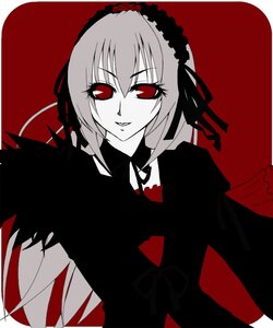 Rating: Safe Score: 0 Tags: 1girl black_wings bow dress frills hairband image long_hair long_sleeves looking_at_viewer monochrome red_background red_eyes simple_background smile solo suigintou upper_body white_background wings User: admin