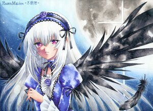 Rating: Safe Score: 0 Tags: 1girl black_wings dress feathered_wings feathers flower frills hairband image juliet_sleeves long_hair long_sleeves looking_at_viewer marker_(medium) moon pink_eyes puffy_sleeves rose silver_hair solo suigintou traditional_media wings User: admin