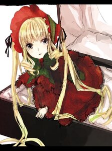 Rating: Safe Score: 0 Tags: 1girl blonde_hair blue_eyes bonnet bow dress flower image letterboxed long_hair long_sleeves looking_at_viewer red_dress rose shinku simple_background sitting solo twintails very_long_hair User: admin