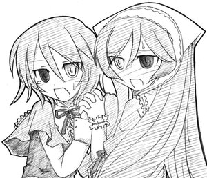 Rating: Safe Score: 0 Tags: 2girls blush frills greyscale hands_clasped heterochromia holding_hands image interlocked_fingers long_hair long_sleeves lowres monochrome multiple_girls open_mouth pair ribbon rozen_maiden siblings simple_background sisters smile souseiseki suiseiseki takami_ryou twins white_background User: admin