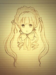 Rating: Safe Score: 0 Tags: 1girl bangs blush bowtie eyebrows_visible_through_hair hair_ribbon image long_hair looking_at_viewer monochrome photo ribbon shinku simple_background solo traditional_media twintails User: admin