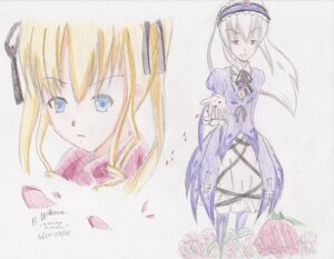 Rating: Safe Score: 0 Tags: 1girl blonde_hair dress flower frills image long_hair long_sleeves looking_at_viewer pair petals ribbon rose shinku simple_background standing suigintou traditional_media User: admin