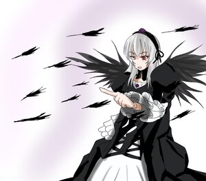 Rating: Safe Score: 0 Tags: 1girl black_dress black_wings dress feathers flower frilled_sleeves frills gradient gradient_background hairband image long_hair long_sleeves open_mouth pointing red_eyes rose silver_hair solo suigintou white_background wings User: admin